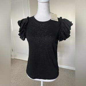 NWT Industry Black 100% Pima Cotton Ruffle Sleeve Top Size XS